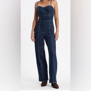 Express Dark Blue Denim Jumpsuit w/ Cut Out Back